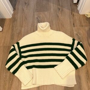 Madewell Cream & Green Striped Turtleneck Sweater XS Cozy